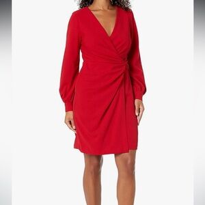 NWT DKNY Cherry Red Women's Side Knot V-Neck Sheath Long Sleeve